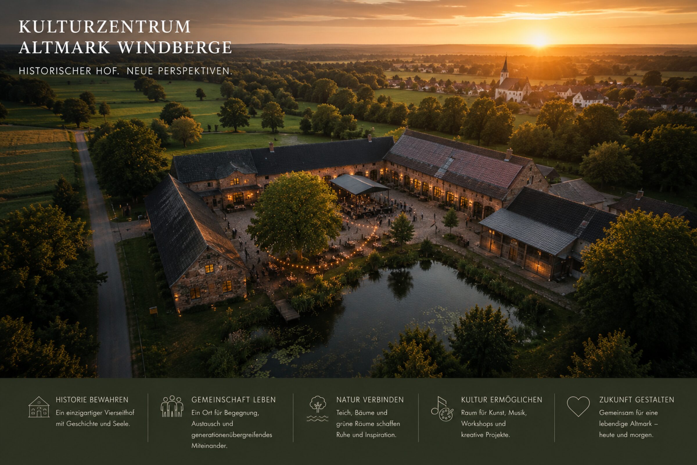 Luftaufnahme des historischen Vierseithofs in Windberge in der Abenddämmerung