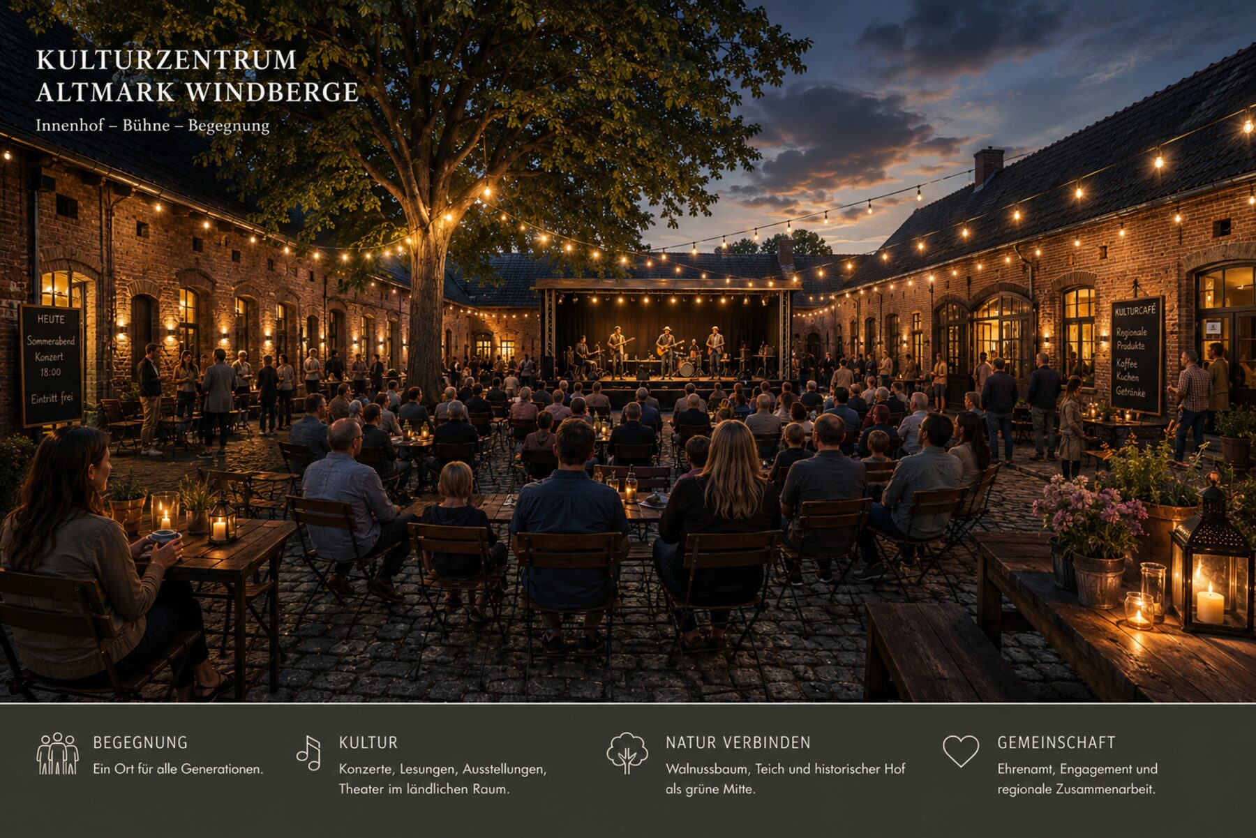 Innenhof des Kulturzentrums Altmark Windberge mit Bühne, Lichterketten und Besuchern am Abend