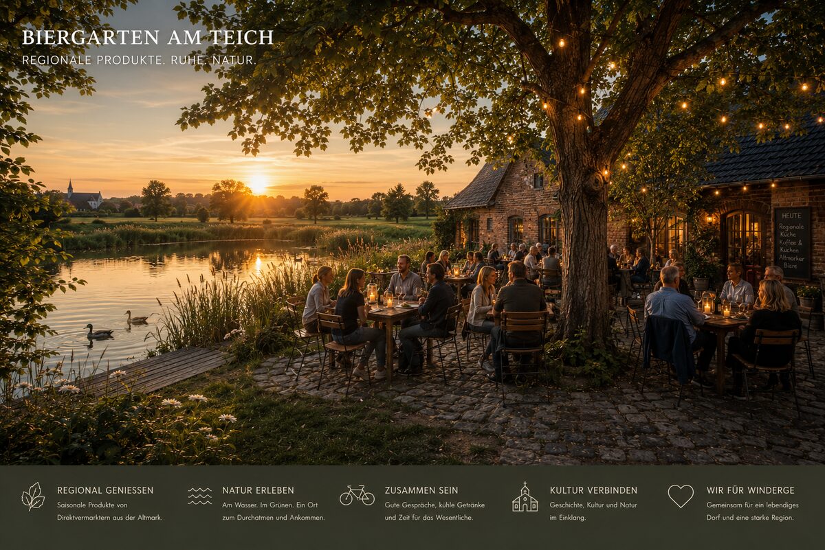 Biergarten am Teich bei Sonnenuntergang mit Gästen unter einem alten Baum