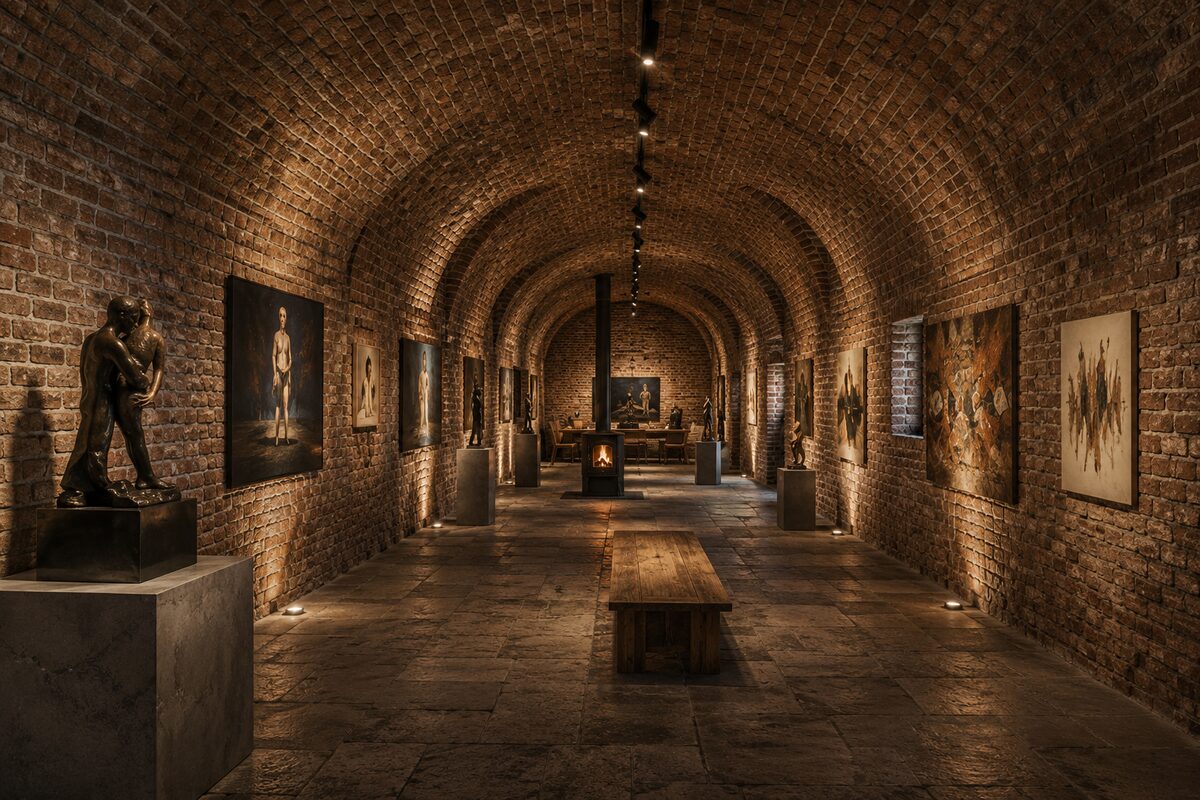 Gewölbegalerie mit Kunstausstellung, historischem Backsteingewölbe und Kamin