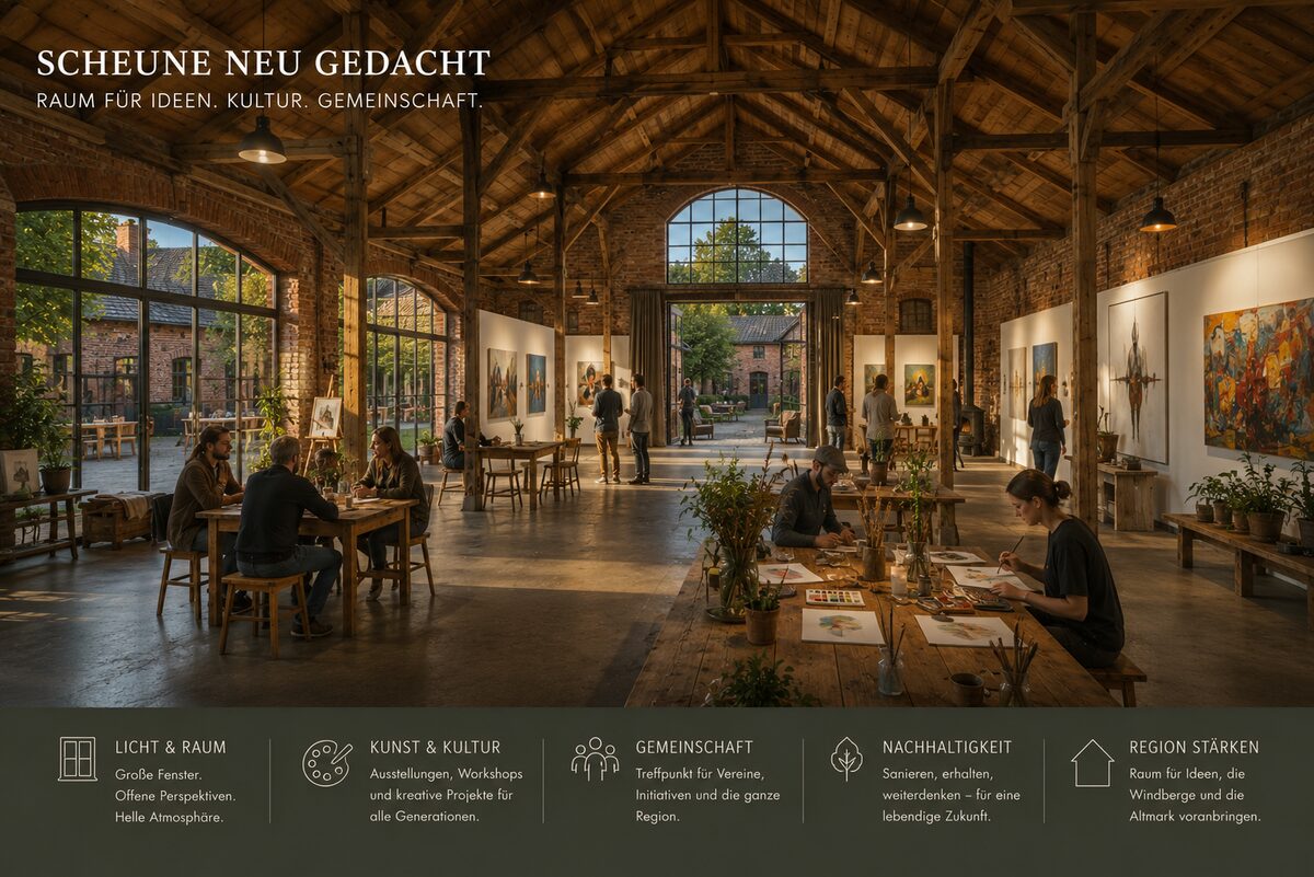 Scheune mit offenem Dachstuhl, großen Fenstern und Besuchern bei einem Workshop